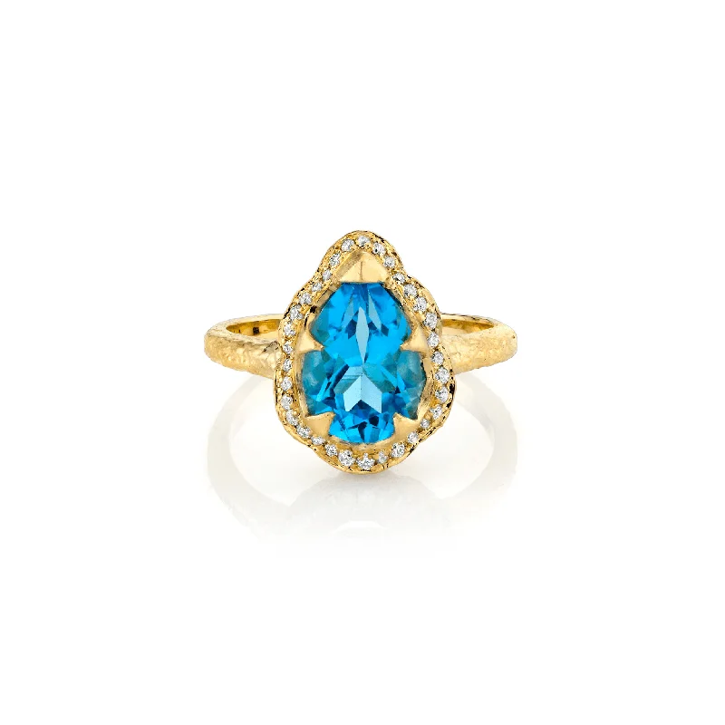 Baby Queen Water Drop Blue Topaz Ring with Full Pavé Halo