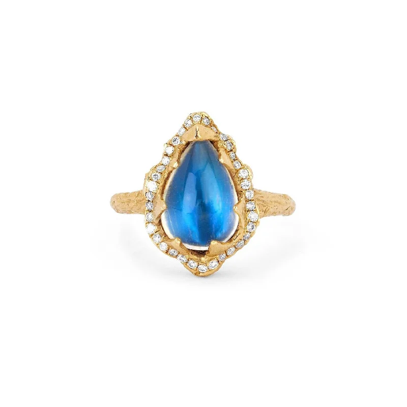 Baby Queen Water Drop Blue Sheen Moonstone Ring with Full Pavé Halo