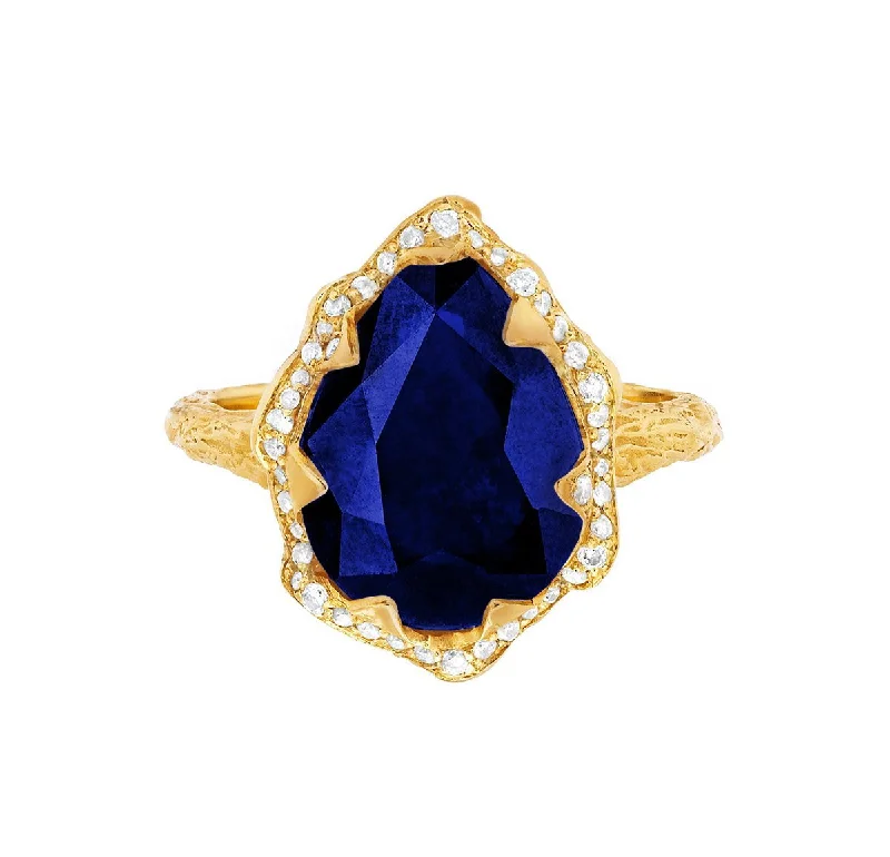 Queen Water Drop Sapphire Ring with Full Pavé Diamond Halo