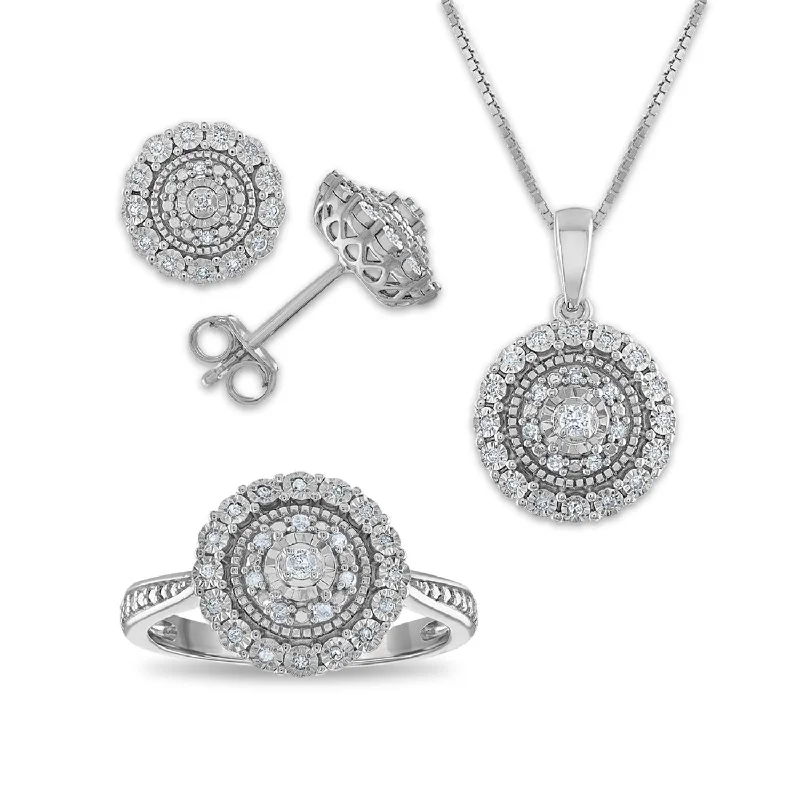 1/3 CTW Diamond Halo Ring Pendant Earrings Set in Sterling Silver