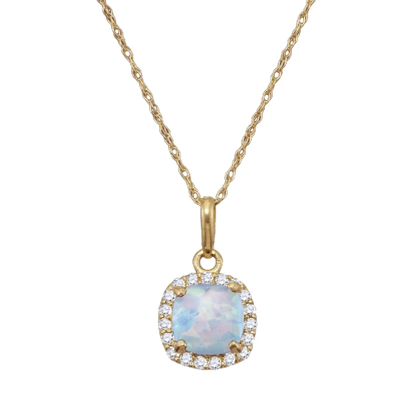 6MM Cushion Opal and White Sapphire Birthstone Halo 18-inch Pendant in 10KT Yellow Gold