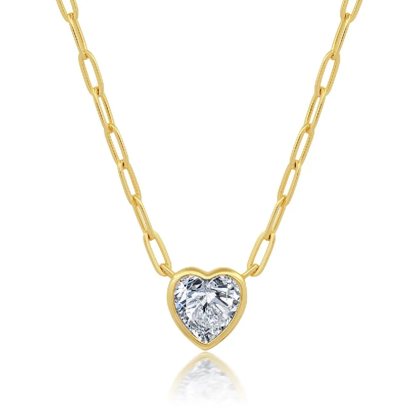 Crislu 18KT Yellow Gold Plated Sterling Silver Cubic Zirconia 18-inch Heart Paperclip Chain Necklace