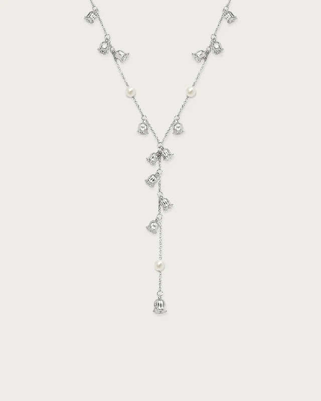 Lily of the Valley Pearl Lariat Necklace in Silver