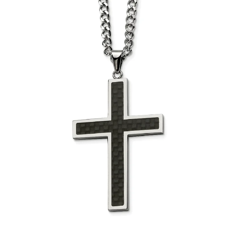 Stainless Steel Polished w/Black Carbon Fiber Cross 24in Necklace