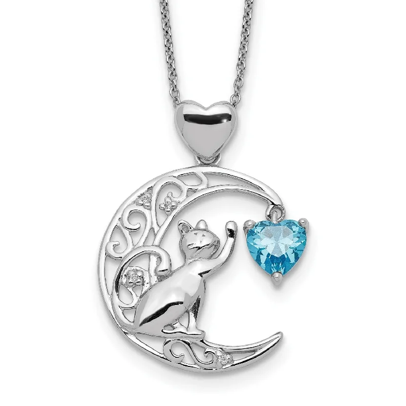 Sterling Silver Cubic Zirconia Cat and Moon Necklace