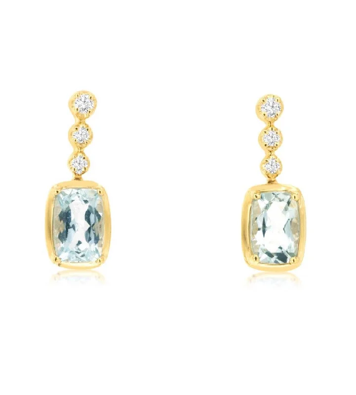 Aquamarine and Triple Diamond Dangle Earrings