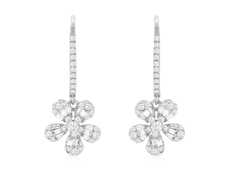 Baguette and Round Diamond Flower Design Drop Earrings