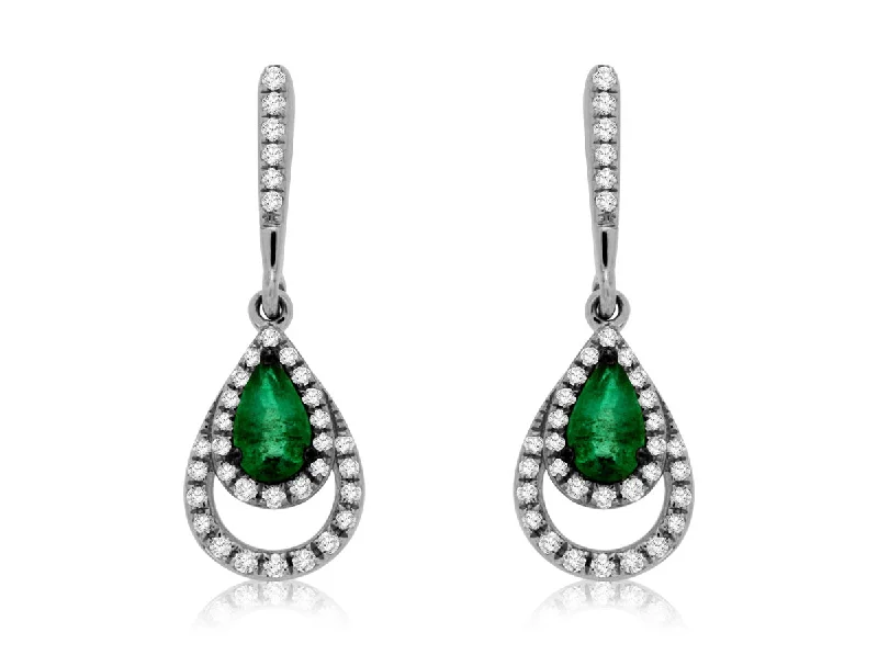 Emerald and Diamond Double Halo Dangle Earrings