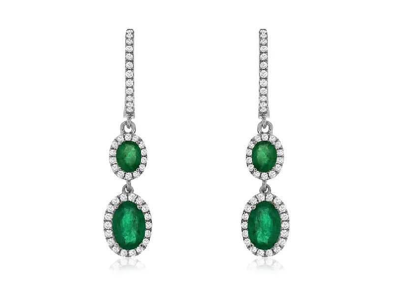 Emerald and Diamond Double Oval Design Dangle Earrings