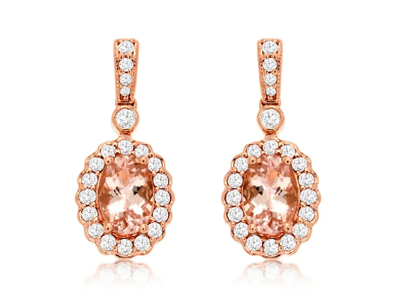 Oval Morganite and Diamond Halo Drop Earrings