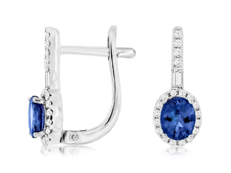 Oval Tanzanite and Diamond Halo Omega Back Earrings