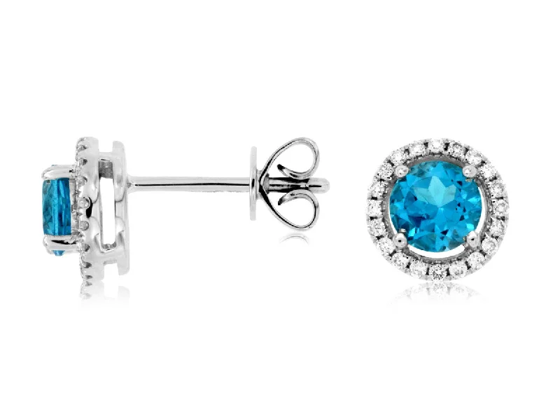 Round Blue Topaz and Diamond Halo Earrings