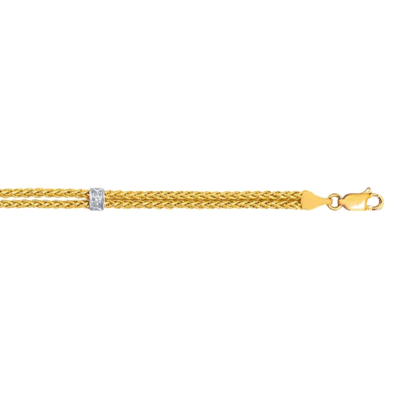 14K Gold .03ct Diamond Station Wheat Chain Bracelet