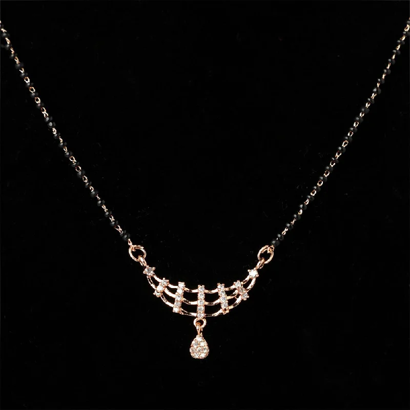 Etnico 18k Rose Gold Plated Traditional Single Line American Diamond Pendant with Black Bead Chain Mangalsutra for Women (D102)