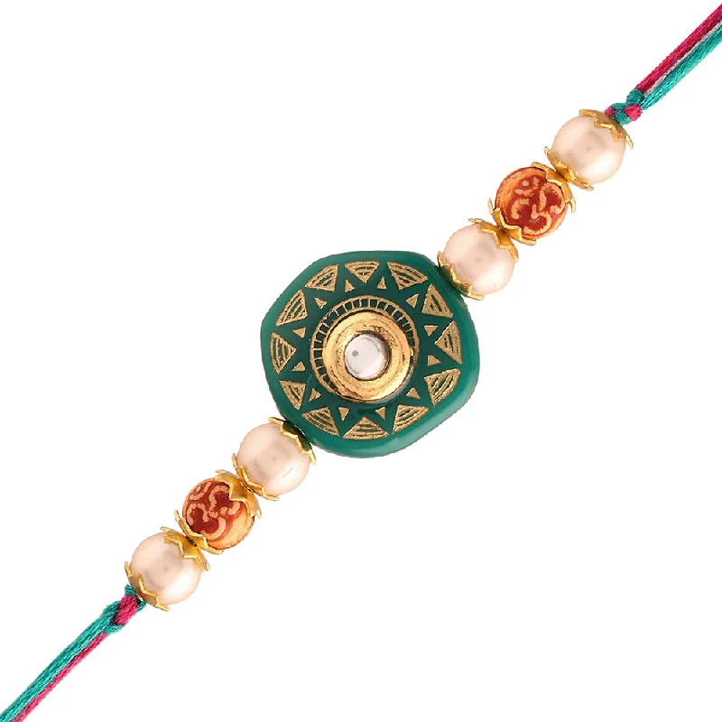 Limited-Stock Jewelry Sale – Once It's Gone, It's Gone Etnico Ethnic Designer Pearl Beads Studded Rakhi Bracelet with Roli Chawal for Men/Brother/ Bhaiya (R057G-R) ( Pack 1Pcs)