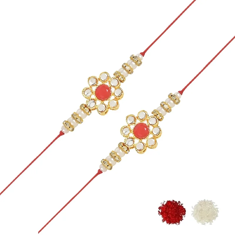 Clearance Sale On High-End Jewelry Collections Etnico I Jewels Designer Kundan Pearl Combo Rakhi & Roli Chawal For Brother/Bhai/Bro/Men With Rakshabadhan Card (R014R-2) (Set of 2)