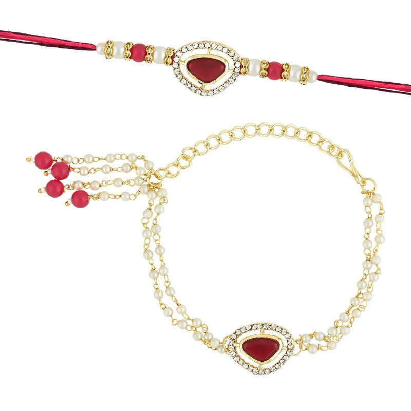 Discounted Luxury Jewelry – Shine Without The Splurge Etnico I Jewels Designer Kundan & Pearl Hanging Bhaiya Bhabhi Lumba Rakhi Set with Roli Chawal and Rakshabandhan Card (R141R-CO)