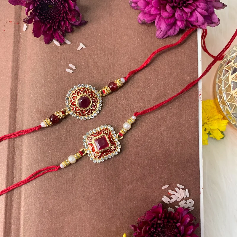 Affordable Luxury Jewelry For Every Occasion Etnico I Jewels Pearl & Kundan Designer Bhaiya Rakhi With Roli Chawal for Brother/Bro/Men with Rakshabandhan Card (R098G-100M)