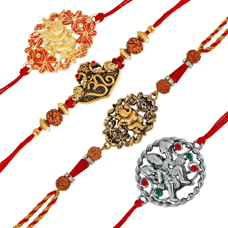 The Perfect Accessory For Less – Jewelry Sale Live Mahi Combo of Om, Ganesha and Hanuman Rakhis with Crystals and Rudraksha for Adorable Brothers RCO1105122M