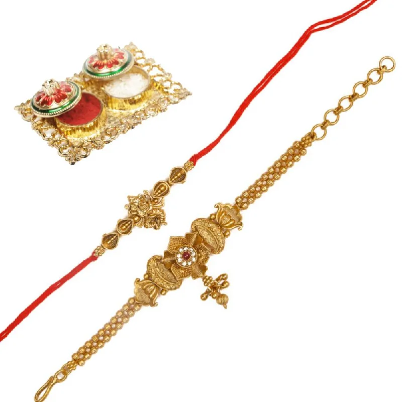 Special Deals On Handcrafted And Designer Jewelry Raddhi Jewels Rajwadi Gold Plated Brass Ruby Stone Glided Floral Design Bhaiya Bhabhi Rakhi Set With Roli Chawal Plate Combo Hamper For Rakshabandhan