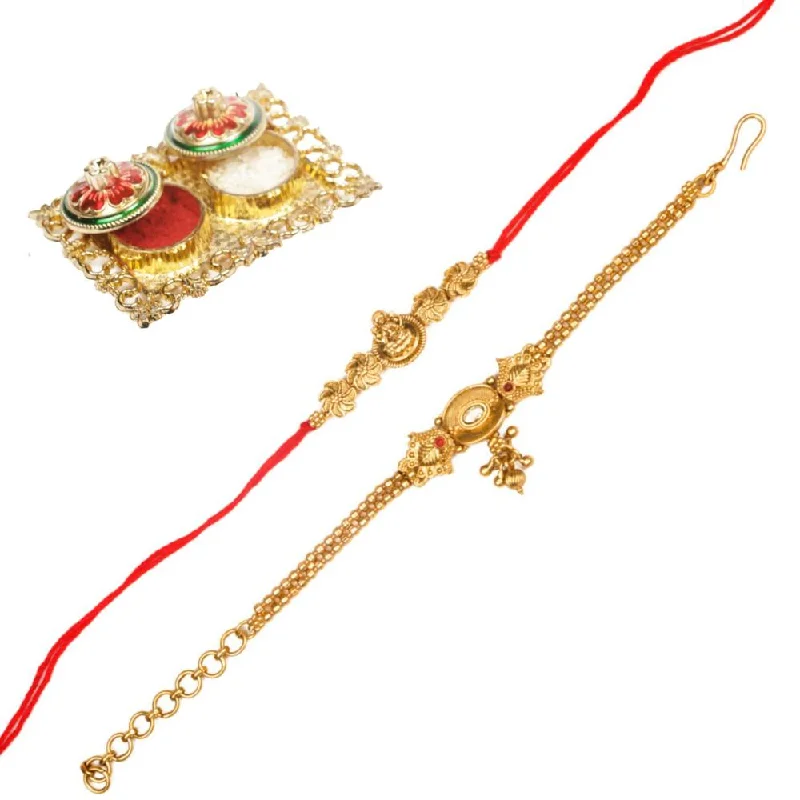 Premium Jewelry At Special Low Prices For A Limited Time Raddhi Jewels Rajwadi Gold Plated Brass Ruby Stone Glided Floral Design Bhaiya Bhabhi Rakhi Set With Roli Chawal Plate Combo Hamper For Rakshabandhan