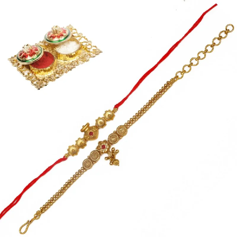 Shop Trending Jewelry With Exclusive Savings Raddhi Jewels Rajwadi Gold Plated Brass Ruby Stone Glided Floral Design Bhaiya Bhabhi Rakhi Set With Roli Chawal Plate Combo Hamper For Rakshabandhan