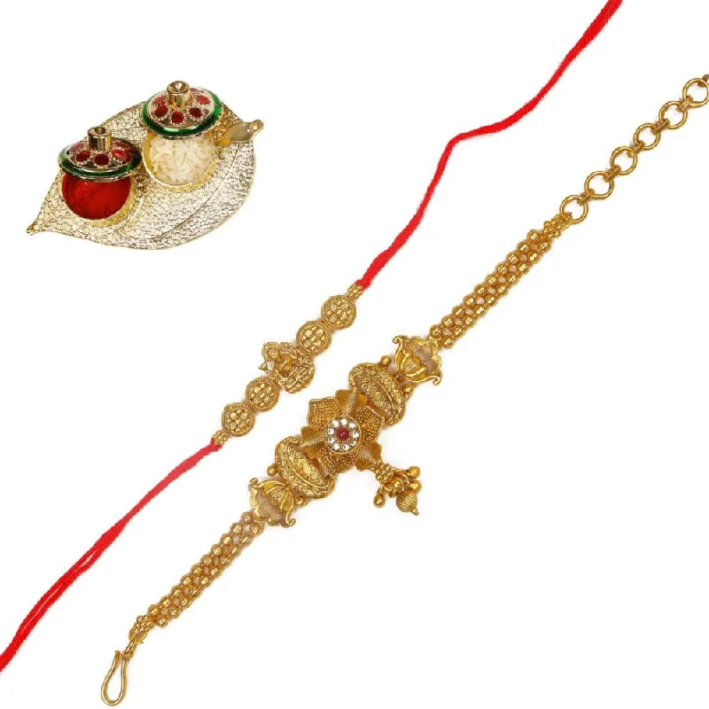 Personalized Jewelry At Special Discount Rates Raddhi Jewels Rajwadi Gold Plated Brass Ruby Stone Glided Floral Design Bhaiya Bhabhi Rakhi Set With Roli Chawal Plate Combo Hamper For Rakshabandhan