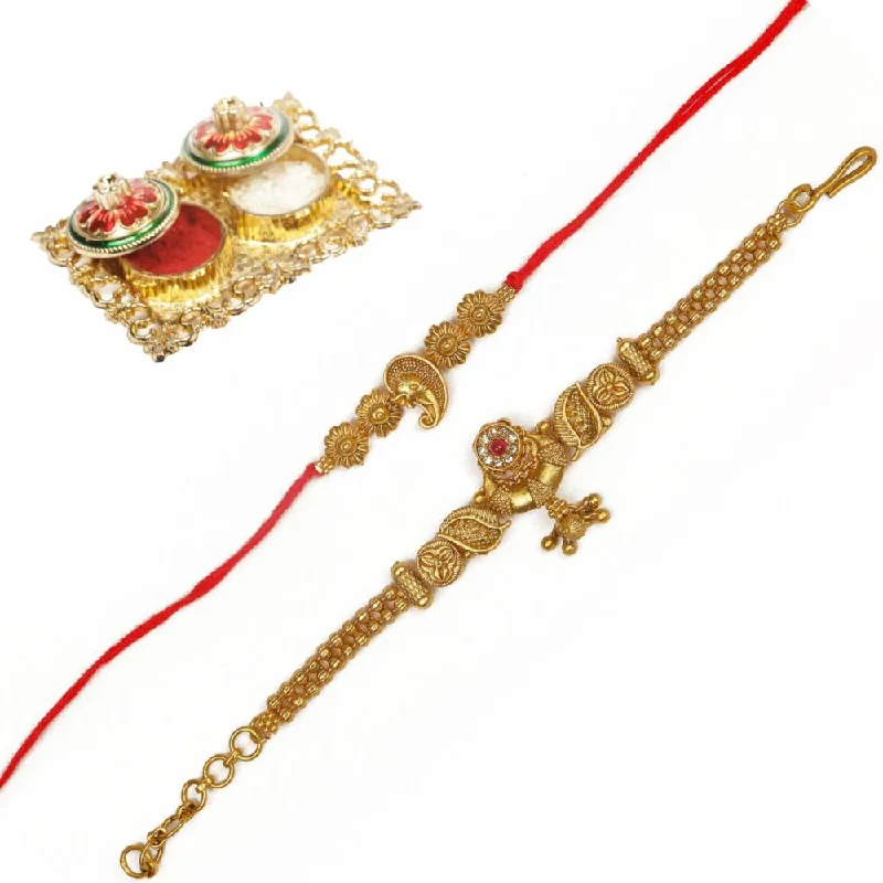 Best-Selling Jewelry Now Available At Special Deals Raddhi Jewels Rajwadi Gold Plated Brass Ruby Stone Glided Floral Design Bhaiya Bhabhi Rakhi Set With Roli Chawal Plate Combo Hamper For Rakshabandhan