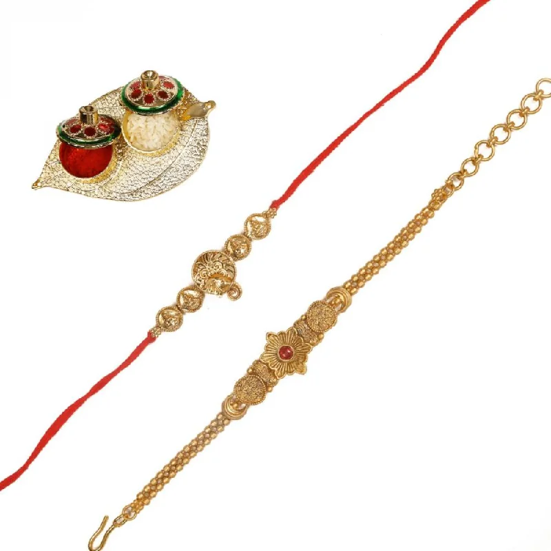 Flash Sale On Exquisite Jewelry – Don't Miss Out Raddhi Jewels Rajwadi Gold Plated Brass Ruby Stone Glided Floral Design Bhaiya Bhabhi Rakhi Set With Roli Chawal Plate Combo Hamper For Rakshabandhan