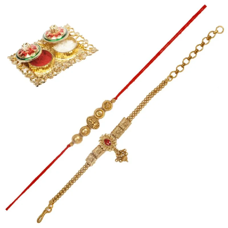 Shop Dazzling Jewelry With Special Promotional Discounts Raddhi Jewels Rajwadi Gold Plated Brass Ruby Stone Glided Floral Design Bhaiya Bhabhi Rakhi Set With Roli Chawal Plate Combo Hamper For Rakshabandhan