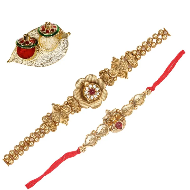 Flash Sale On Exquisite Jewelry – Don't Miss Out Raddhi Jewels Rajwadi Gold Plated Brass Ruby Stone Glided Floral Design Bhaiya Bhabhi Rakhi Set With Roli Chawal Plate Combo Hamper For Rakshabandhan