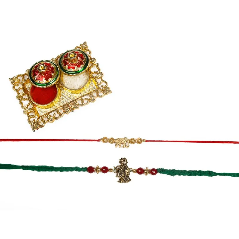 Modern Jewelry At Exclusive Discounts – Shop Today Raddhi Jewels Rajwadi Gold Plated Brass Set of 2 Rakhi With Roli Chawal Plate Combo Rakshabandhan Hamper For Brother/Bhai/Bro